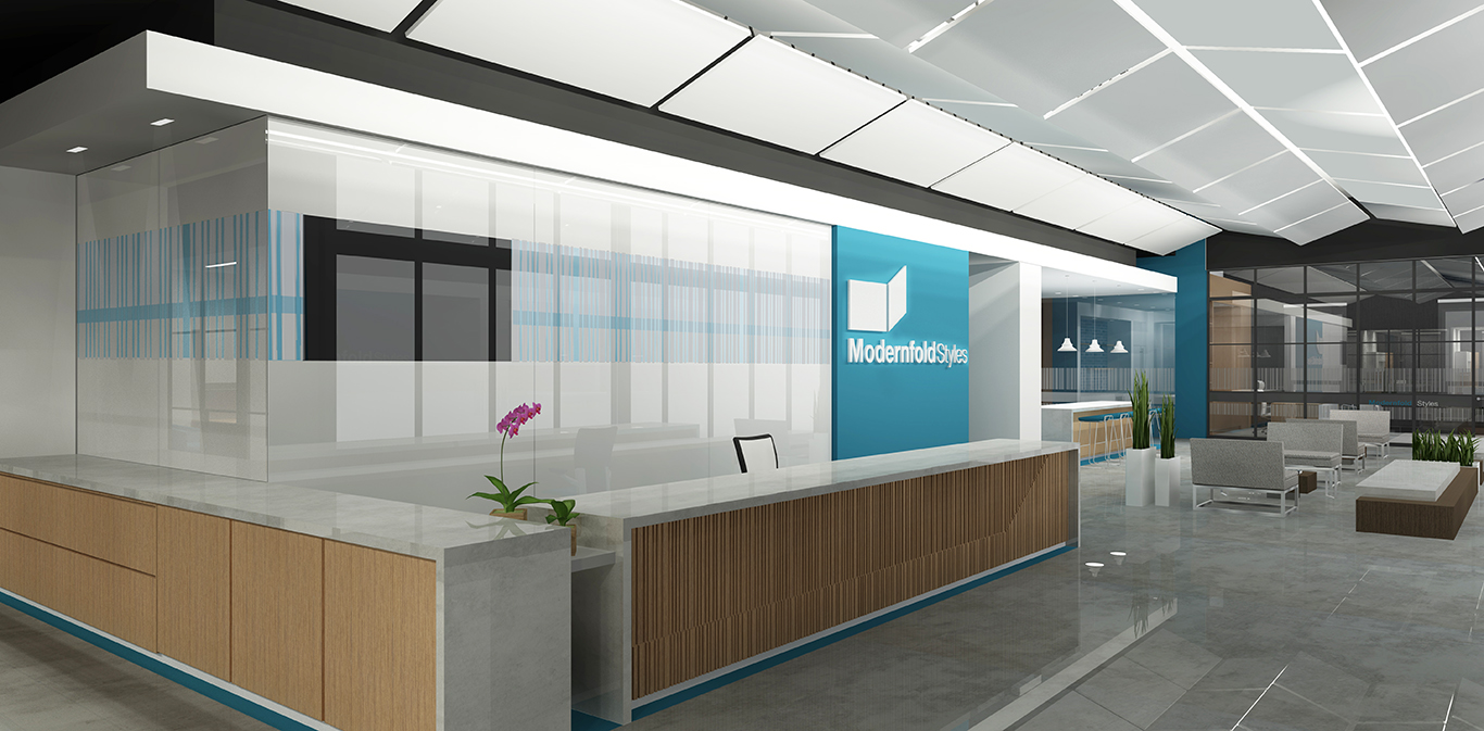 ModernfoldStyles Showroom lobby rendering ModernfoldStyles Showroom and Acoustic Design Lab
