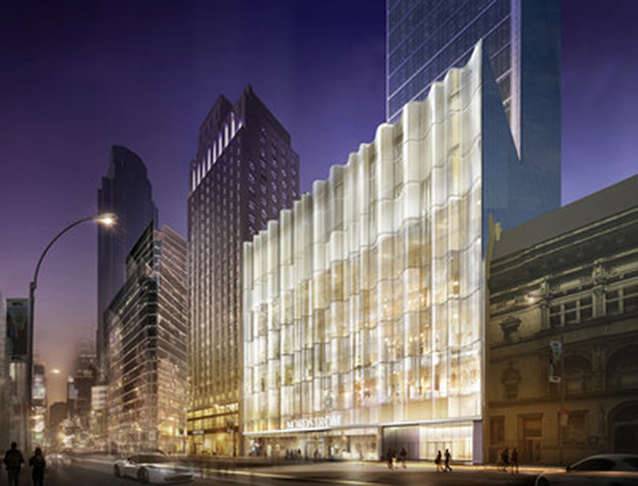 Nordstrom Manhattan Flagship W57th Glass Waveforms at Night